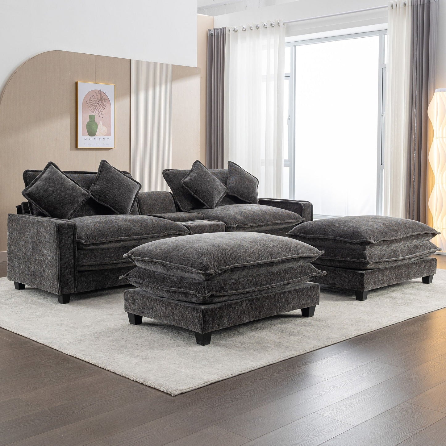 Modern three-piece dark gray sectional sofa with removable ottomans and USB ports HouseOfZazla on Tampa Home & Garden Store