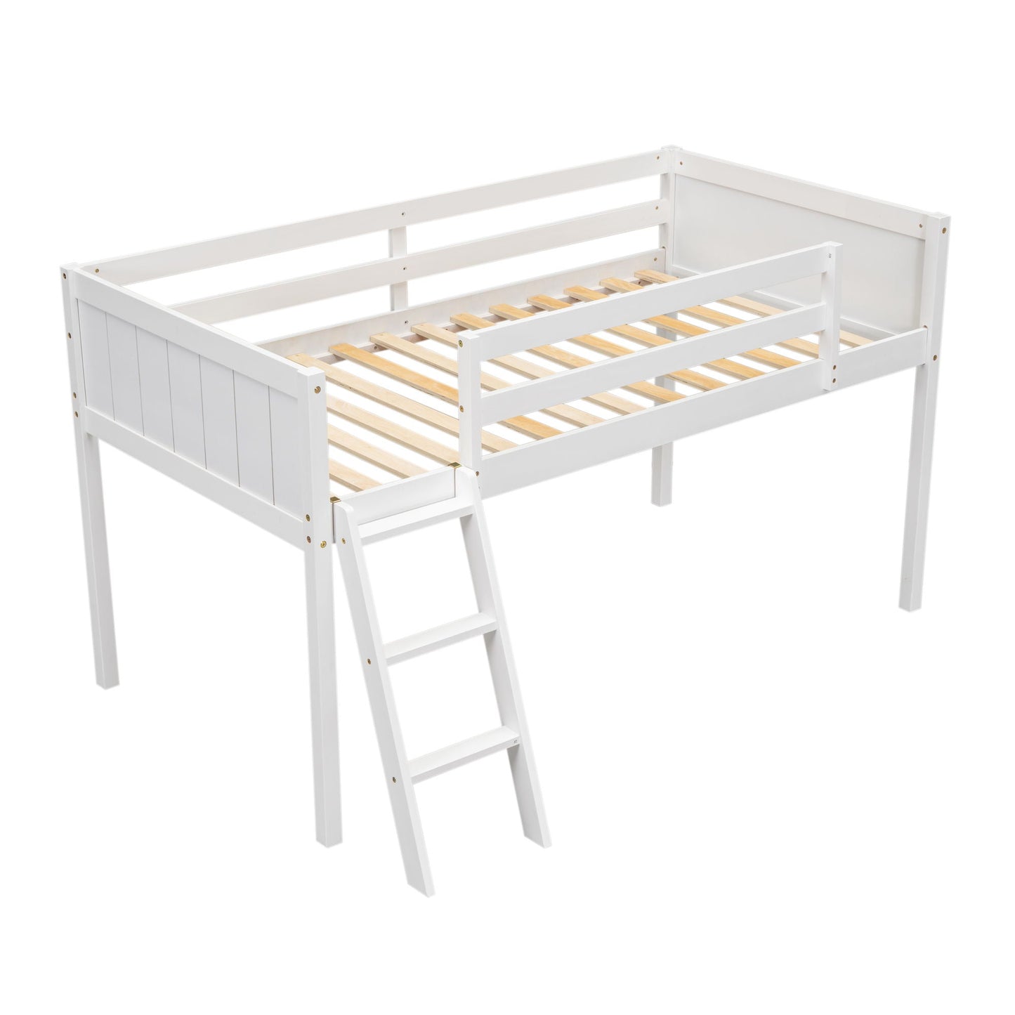 Low loft bed with adjustable ladder, white wooden frame and slatted base on Tampa Home & Garden Store