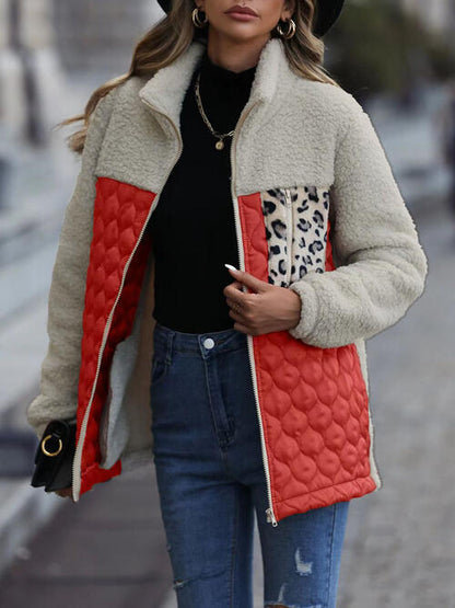 Stevvex leopard color block zip-up jacket with teddy fleece and red quilted panels on Tampa Home & Garden Store