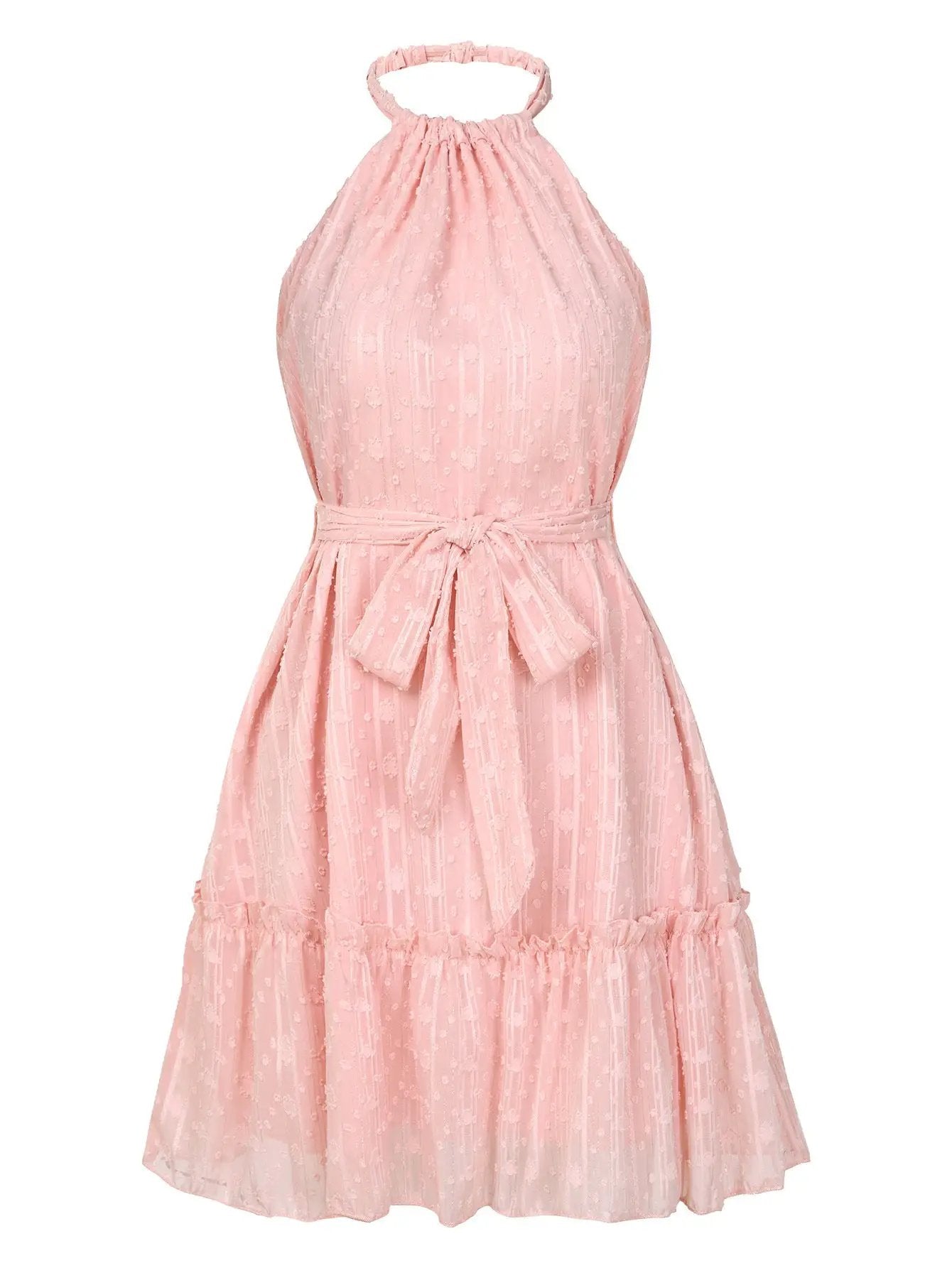 FLIPSTYLEZLLC pink halterneck dress with lace texture and waist tie for summer vacation on Tampa Home & Garden Store
