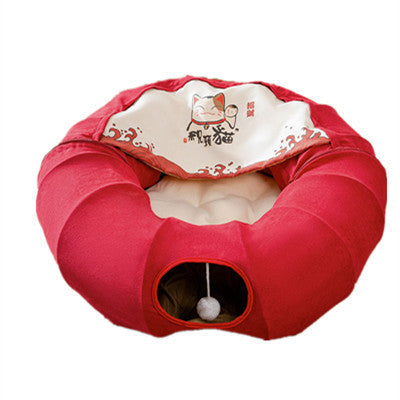 Cat's Nest Tunnel Toy folding bed in red fabric with beige interior, removable and washable on Tampa Home & Garden Store