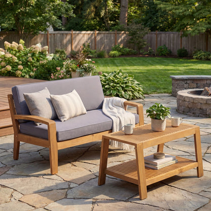 2pc Outdoor Conversation Set with gray cushions on wood loveseat& coffee table by HouseOfZazla on Tampa Home & Garden Store