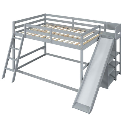 Bunk bed with ladder, slide and shelves in gray frame with pine wood slats on Tampa Home & Garden Store