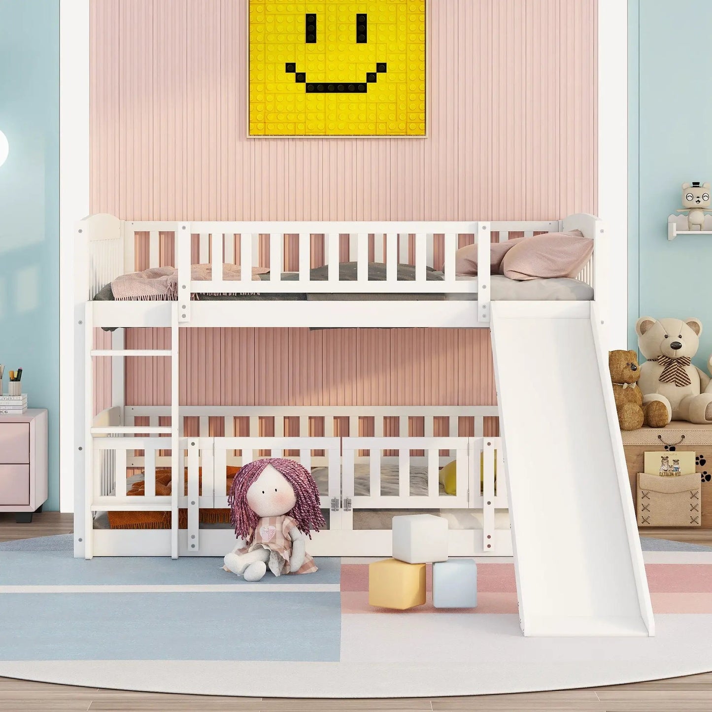 Low Bunk Bed With Slide Fence and Ladder