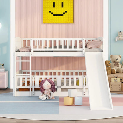 Low Bunk Bed With Slide Fence and Ladder