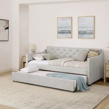 Daybed with pop-up trundle and USB charging armrest in light gray upholstery on Tampa Home & Garden Store