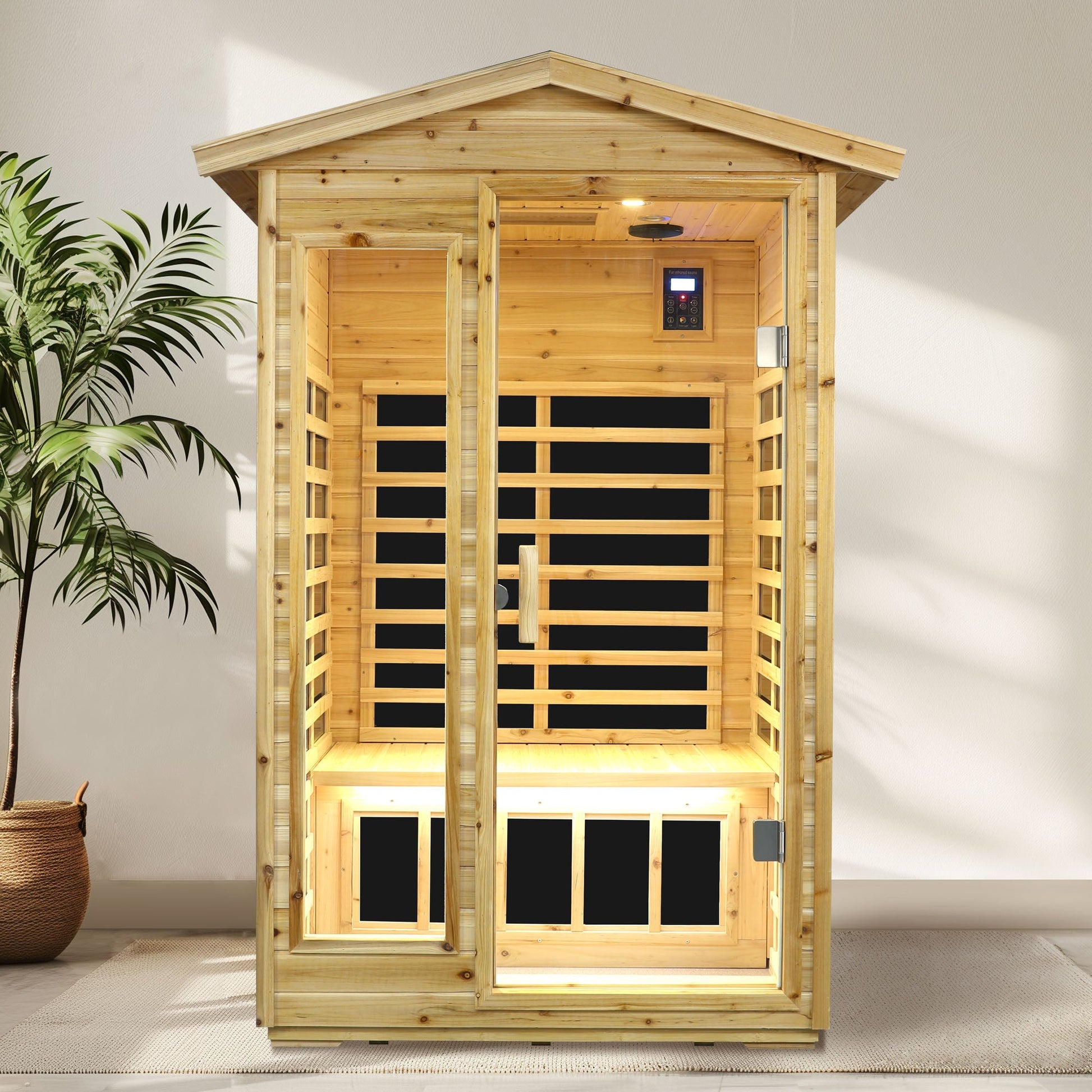 Two Person Far Infrared Old Fir Outdoor Sauna Room by HouseOfZazla with door and bench on Tampa Home & Garden Store