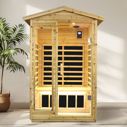 Two Person Far Infrared Old Fir Outdoor Sauna Room by HouseOfZazla with door and bench on Tampa Home & Garden Store