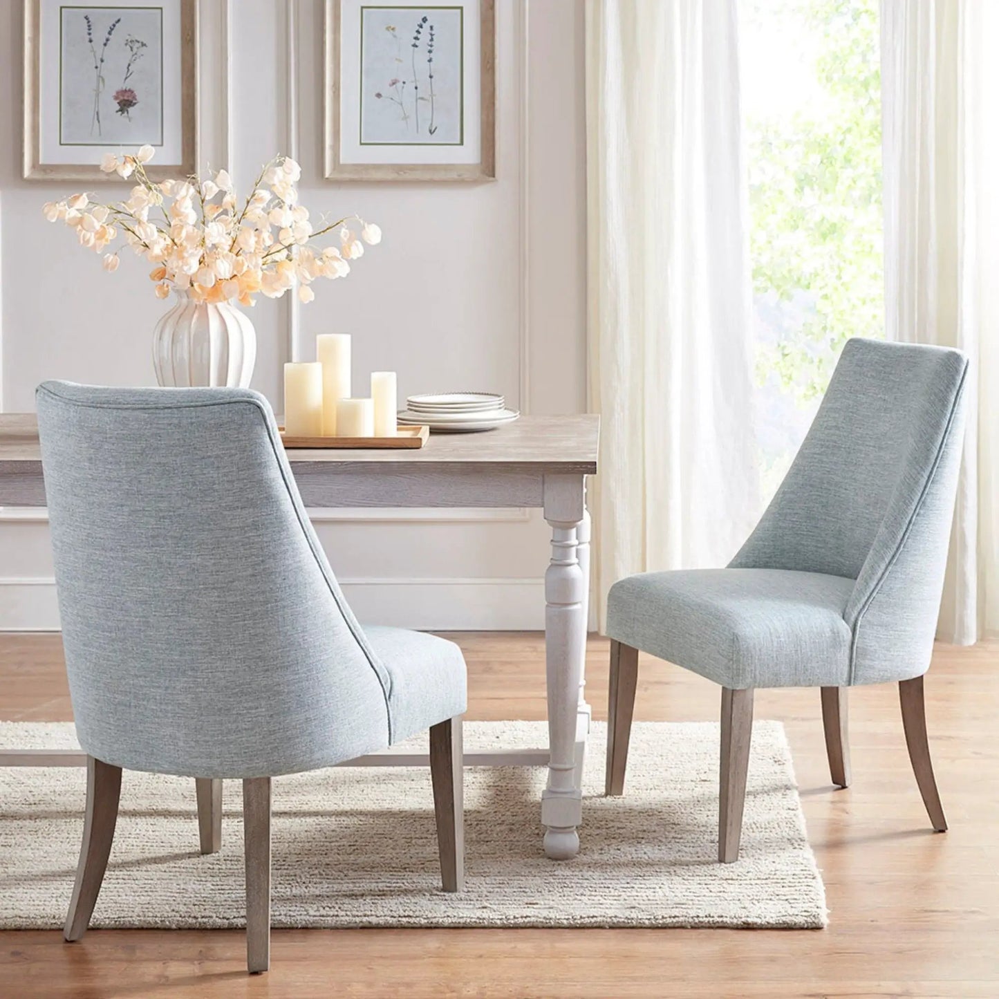 Comfortable upholstered dining chairs set of 2 in soft blue-gray fabric with dark wood legs on Tampa Home & Garden Store
