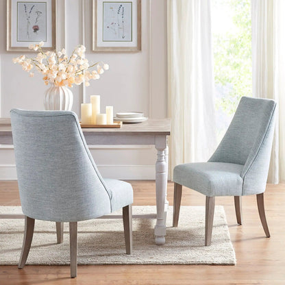 Comfortable upholstered dining chairs set of 2 in soft blue-gray fabric with dark wood legs on Tampa Home & Garden Store