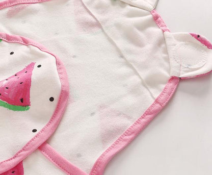 Stevvex baby swaddle blanket with cap, pink-trimmed white fabric featuring watermelon print on Tampa Home & Garden Store