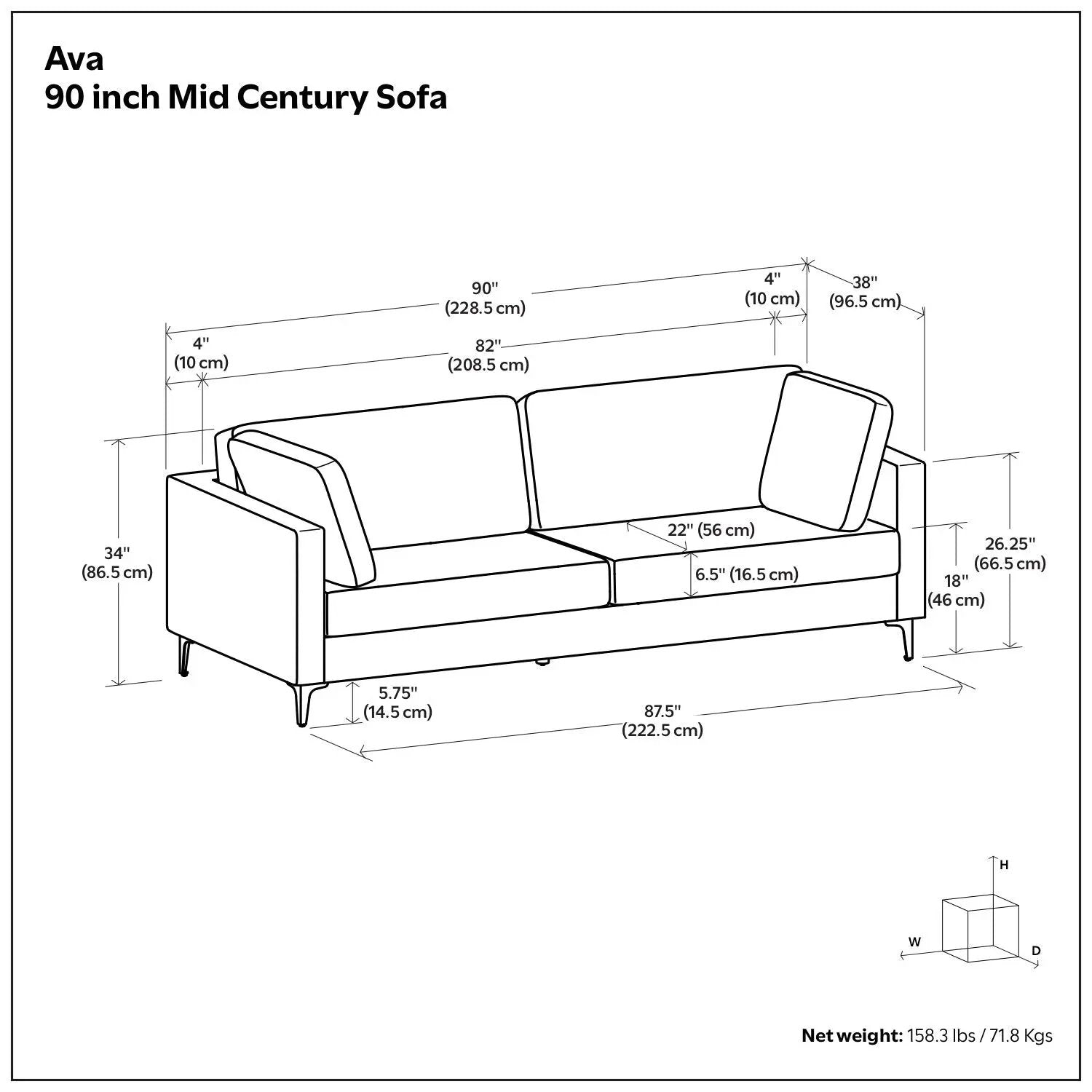 Ava mid century upholstered sofa schematic with dimensions on Tampa Home & Garden Store