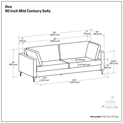 Ava mid century upholstered sofa schematic with dimensions on Tampa Home & Garden Store