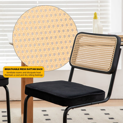 Dining Chairs Set of 2 velvet wicker side decorative chairs, black painted legs, modern medieval Bruell designed chairs,