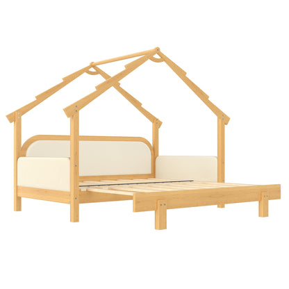 Twin size wooden treehouse bed with beige cushions and soft rails in natural oak on Tampa Home & Garden Store
