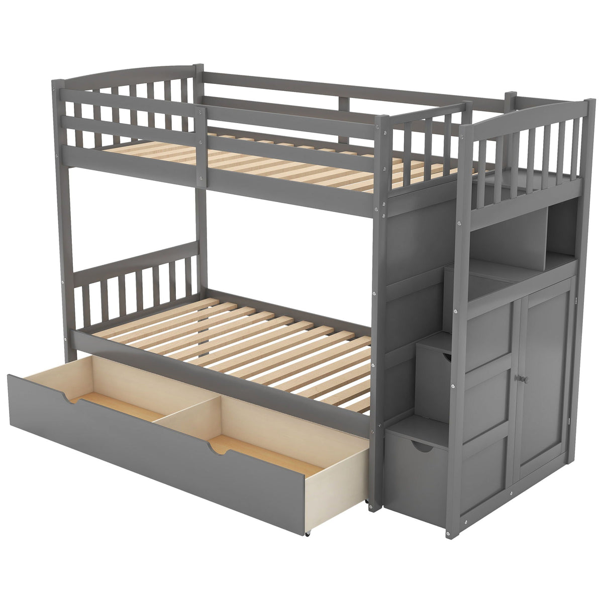 Bunk bed with storage drawers and shelves in gray by HouseOfZazla, convertible bottom bed on Tampa Home & Garden Store