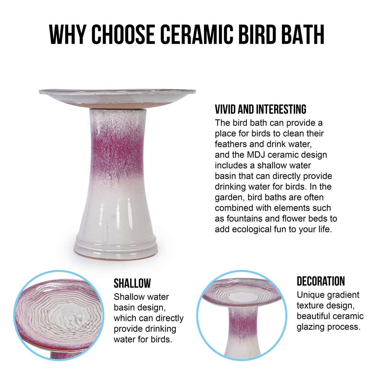 Bird bath ceramic white pink glaze on pedestal for patio HouseOfZazla livestock waterers on Tampa Home & Garden Store