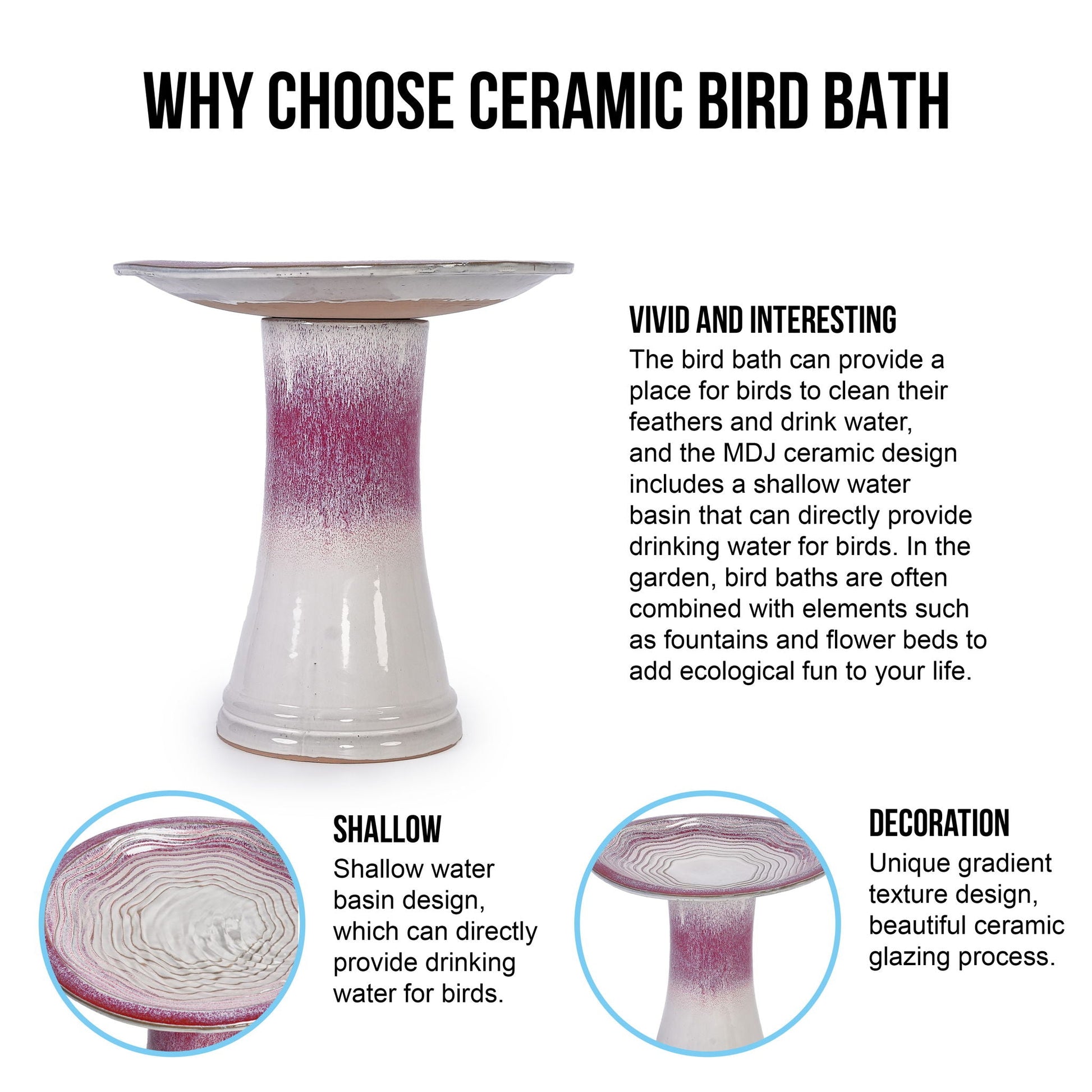 Bird bath ceramic white pink glaze on pedestal for patio HouseOfZazla livestock waterers on Tampa Home & Garden Store