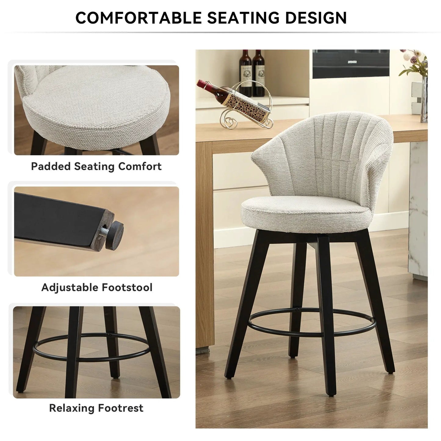 Wing Back Swivel Bar Stools Set of 2; light gray padded fabric, black legs on Tampa Home & Garden Store