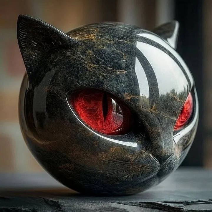 Cat head decorative sculpture with a glossy black marble-like finish and red eyes on Tampa Home & Garden Store