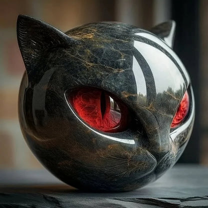 Cat head decorative sculpture with a glossy black marble-like finish and red eyes on Tampa Home & Garden Store