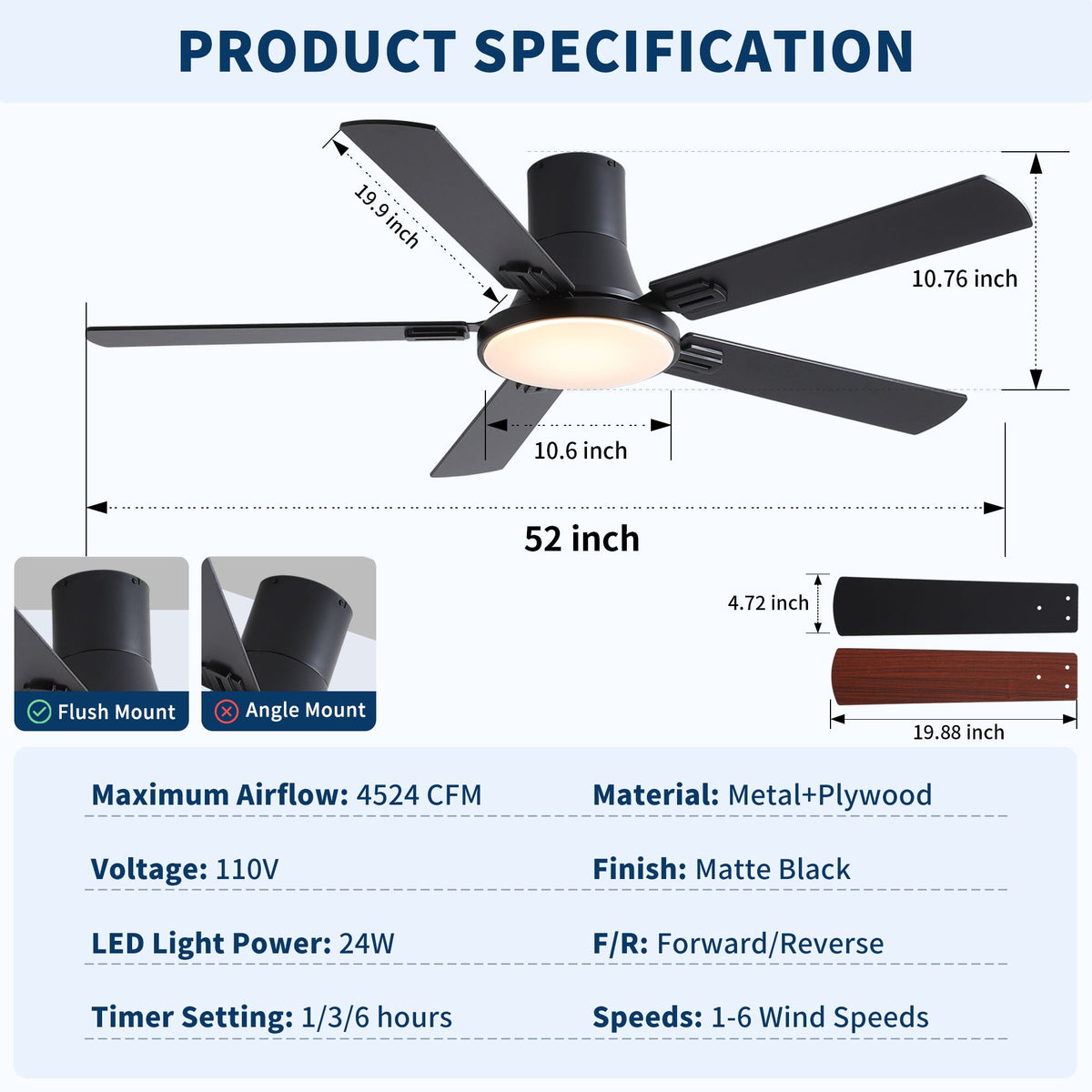 Flush Mount Ceiling Fan with LED Light and Remote in matte black, 5 blades by HouseOfZazla on Tampa Home & Garden Store