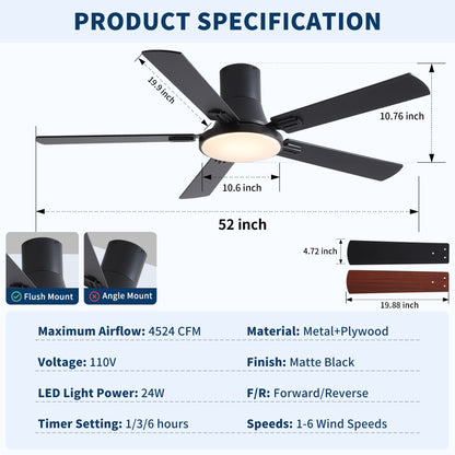 Flush Mount Ceiling Fan with LED Light and Remote in matte black, 5 blades by HouseOfZazla on Tampa Home & Garden Store