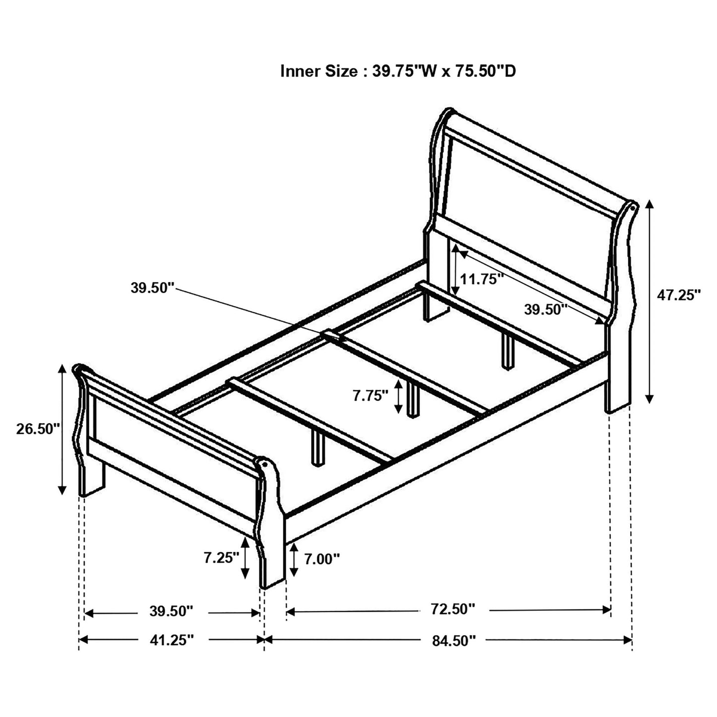 Graffenstaden Sleigh Bed blueprint with dimension lines and inner size notes on Tampa Home & Garden Store