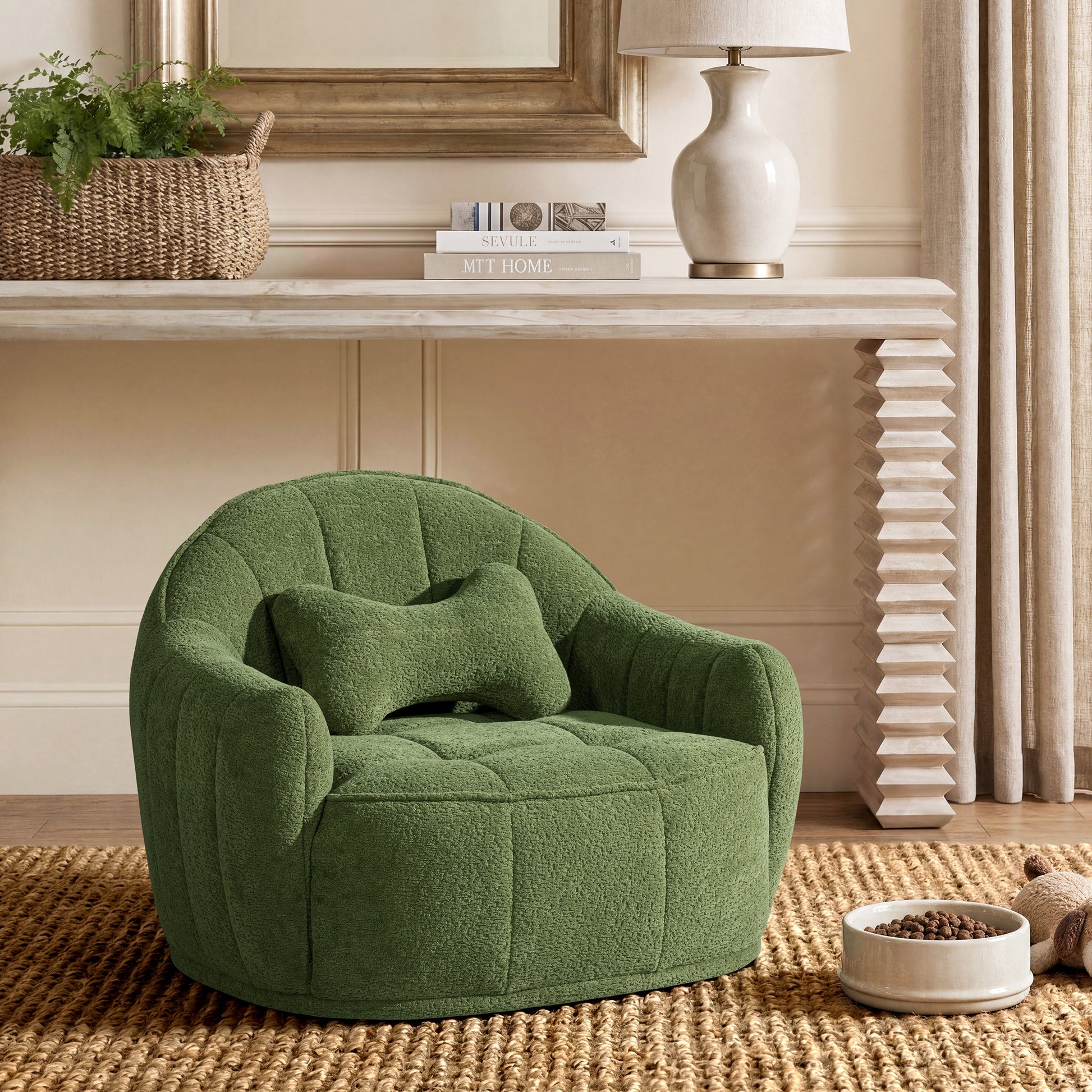 Louie 30.5in Dog Sofa Bed Moss moss-green tufted pet bed on cozy living room rug on Tampa Home & Garden Store