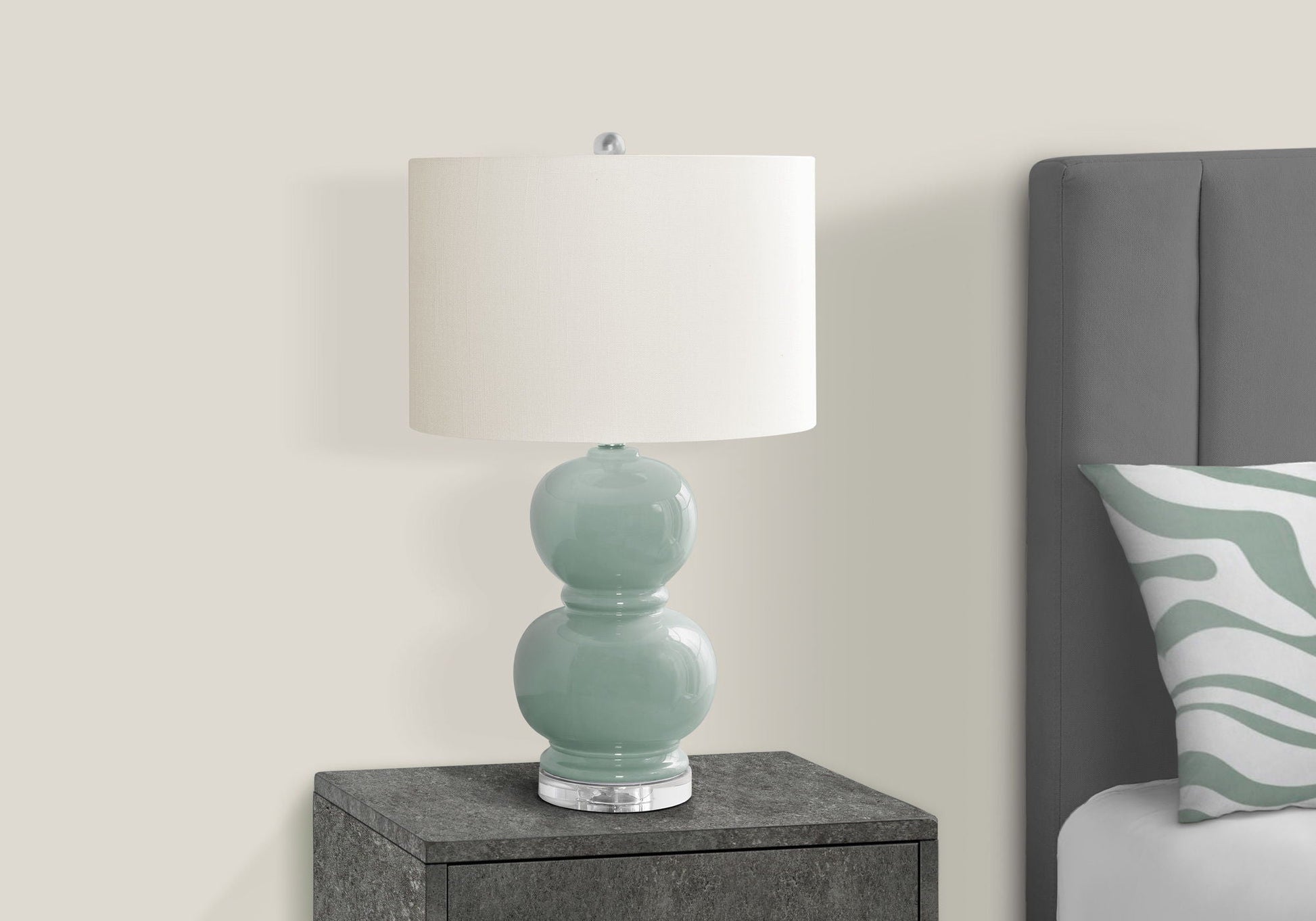 Table lamp ceramic blue with a glossy teal base and white fabric shade on gray nightstand on Tampa Home & Garden Store