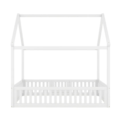 Wood House Bed with Fence and Door Sky Roof