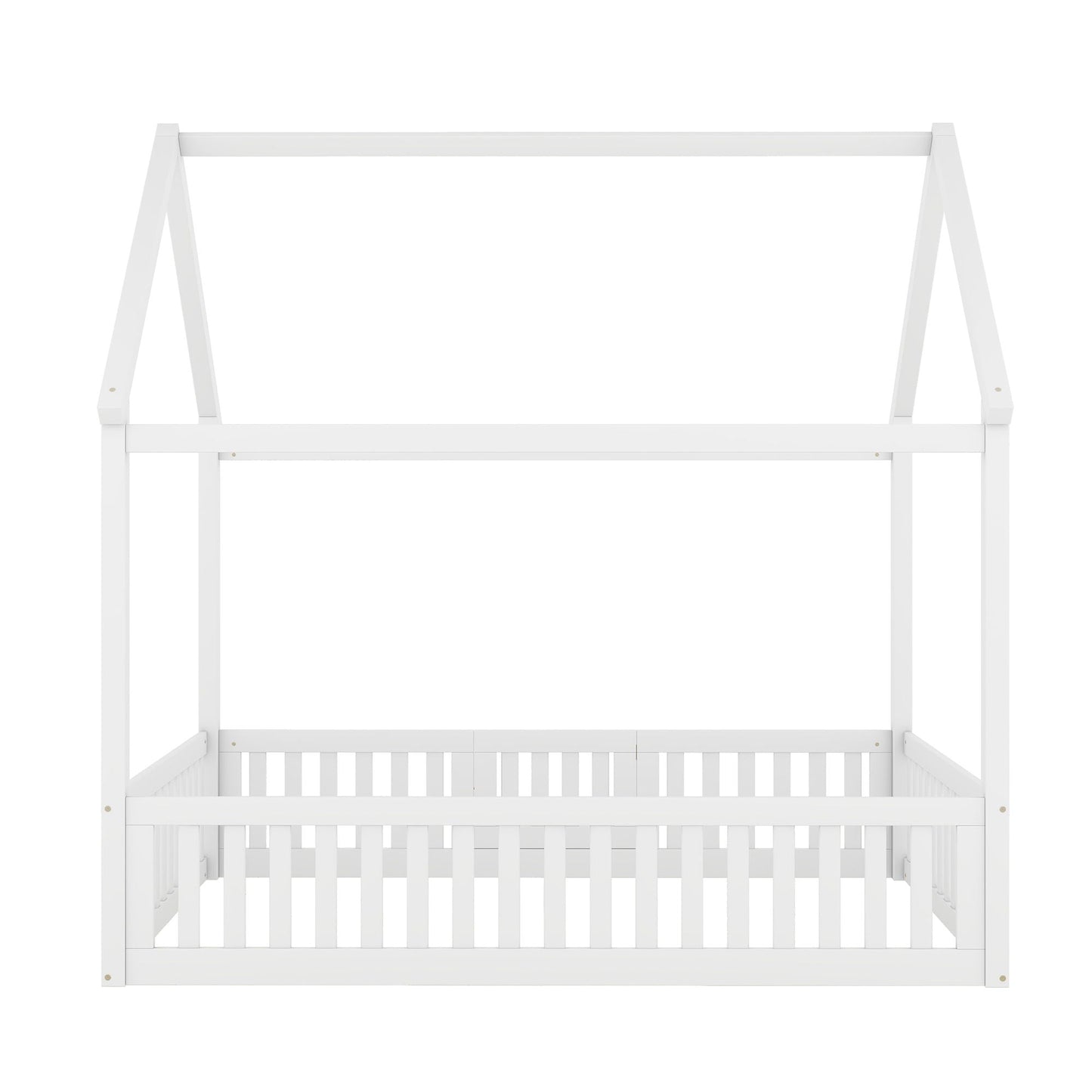 Wood House Bed with Fence and Door white wooden platform bed frame with fence rails on Tampa Home & Garden Store