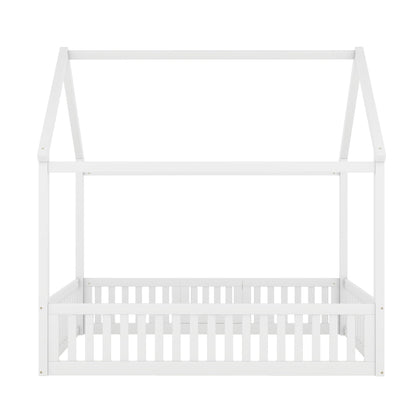 Wood House Bed with Fence and Door white wooden platform bed frame with fence rails on Tampa Home & Garden Store