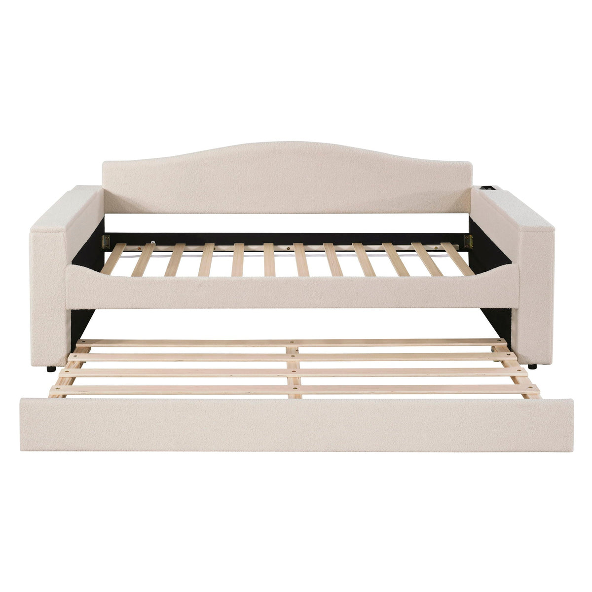 HouseOfZazla beige upholstered daybed with storage arms and trundle, integrated audio system on Tampa Home & Garden Store
