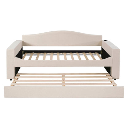HouseOfZazla beige upholstered daybed with storage arms and trundle, integrated audio system on Tampa Home & Garden Store