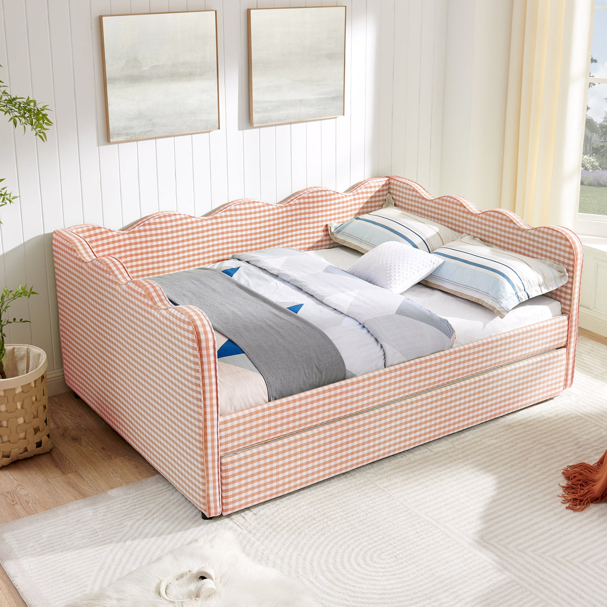 Full Size Cozy Gingham Daybed with Twin Size Trundle in peach gingham fabric, curved arms on Tampa Home & Garden Store