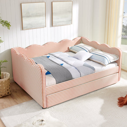 Full Size Cozy Gingham Daybed with Twin Size Trundle in peach gingham fabric, curved arms on Tampa Home & Garden Store