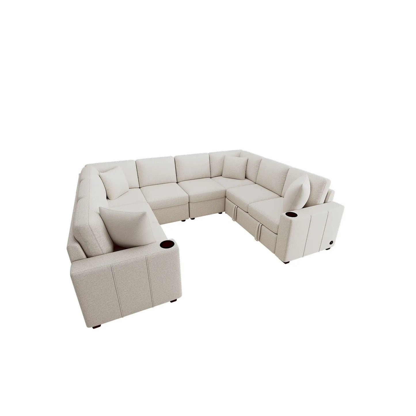 Modern U-shaped beige sectional sofa with multiple seats and built-in cup holders in armrests on Tampa Home & Garden Store