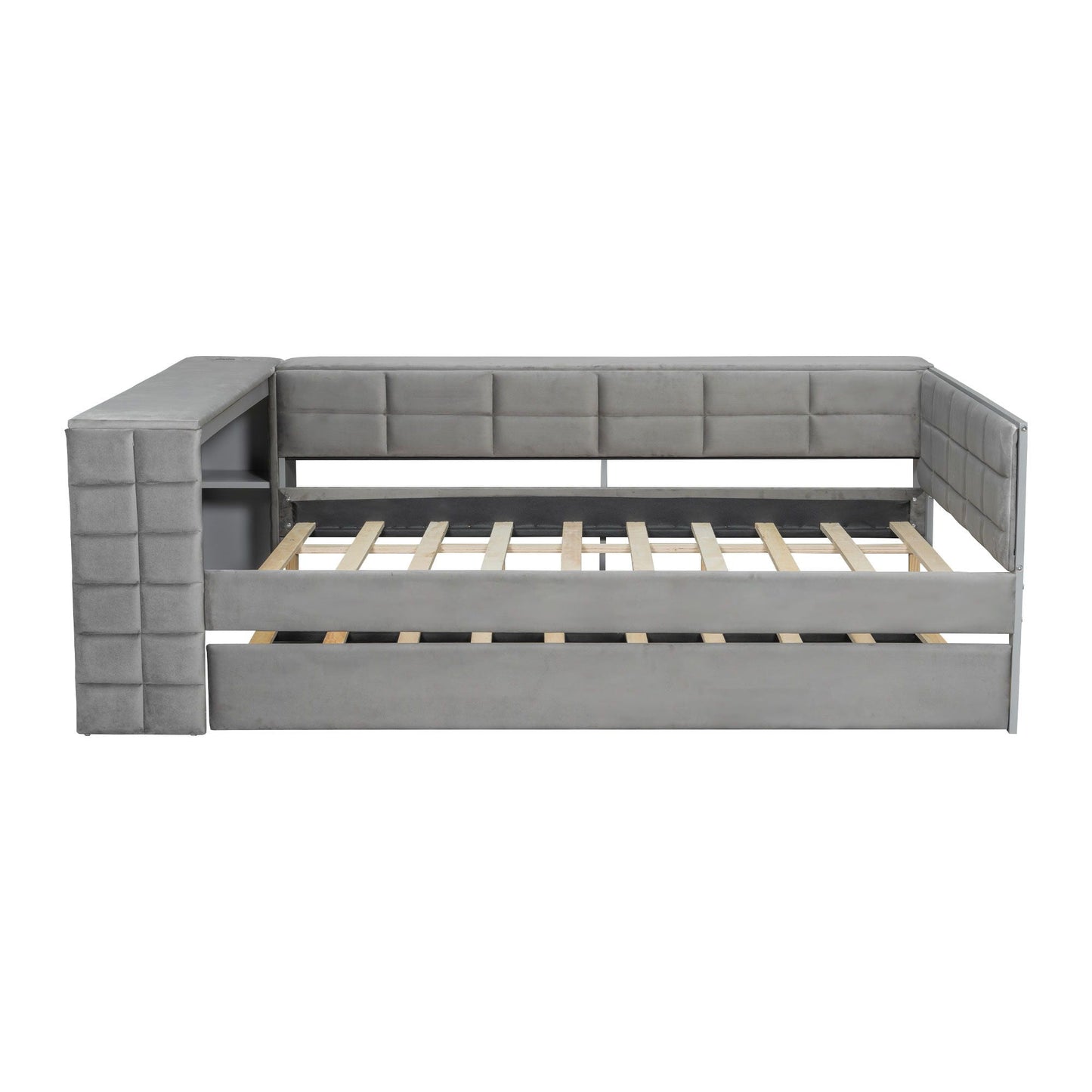 Gray upholstered platform bed with built-in storage shelves and exposed slats on Tampa Home & Garden Store