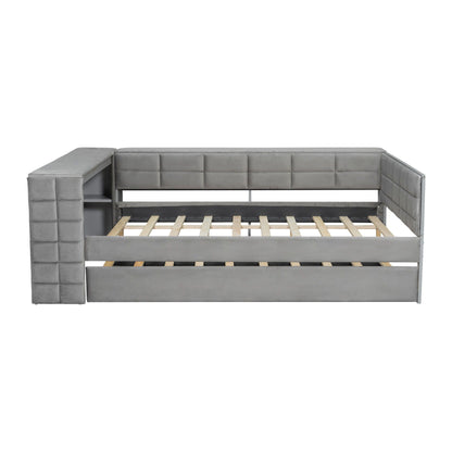 Gray upholstered platform bed with built-in storage shelves and exposed slats on Tampa Home & Garden Store