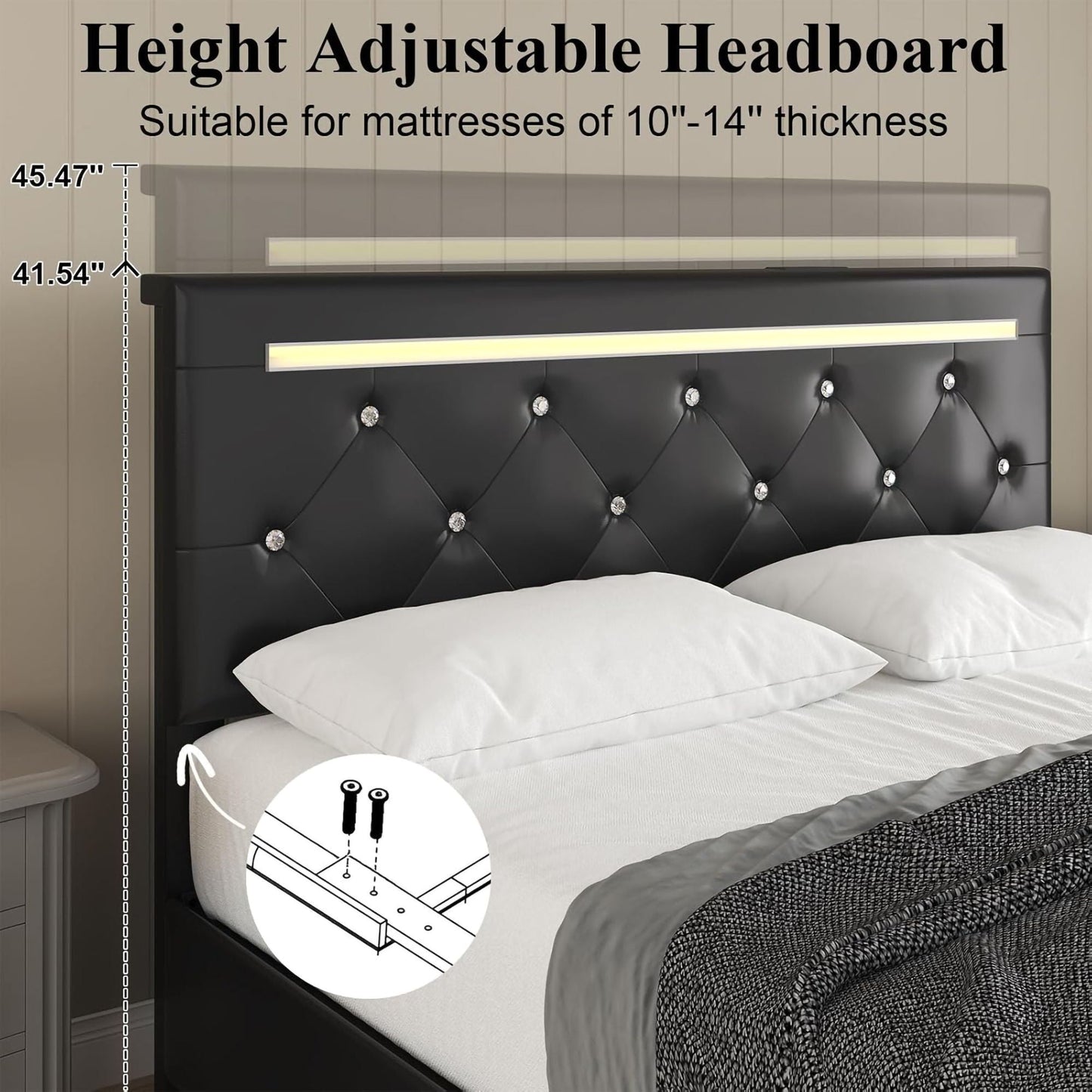 Upholstered Bed Frame with LED Lights Storage