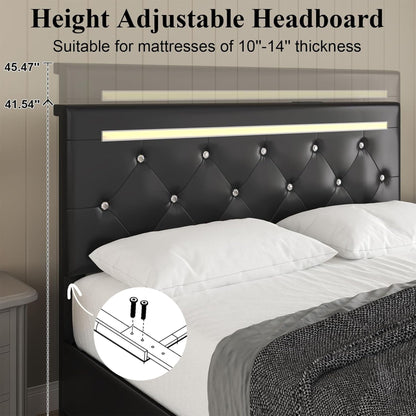 Upholstered Bed Frame with LED Lights Storage