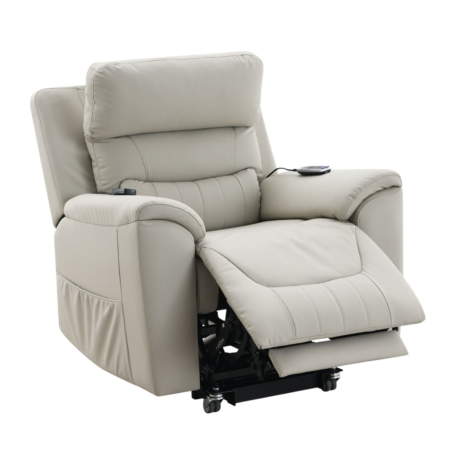 Marsha silicone leather power recliner with lift, massage in light gray; remote on armrest on Tampa Home & Garden Store