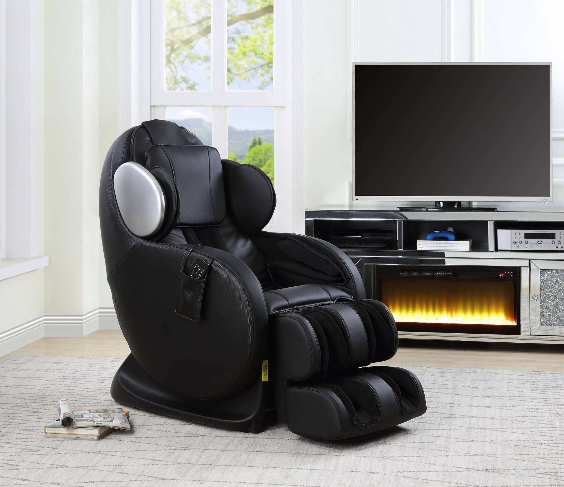 Pacari Synthetic Power 2D Massage Chair in black leather with built-in control panel on Tampa Home & Garden Store