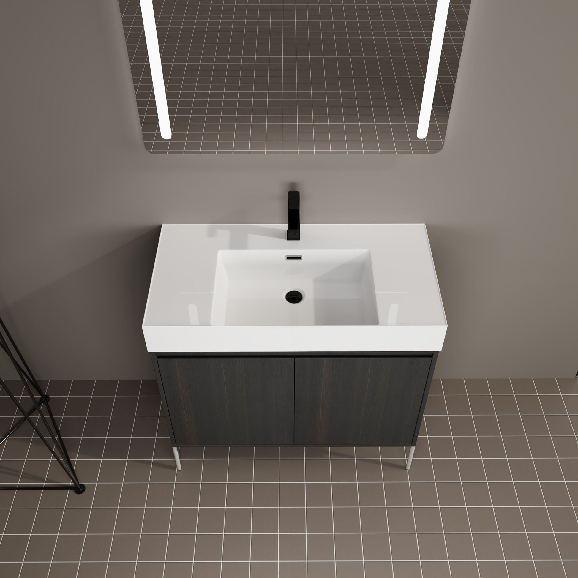 Freestanding bathroom vanity with resin sink, white top and dark wood storage cabinet on Tampa Home & Garden Store
