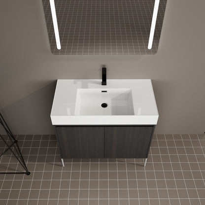 Freestanding bathroom vanity with resin sink, white top and dark wood storage cabinet on Tampa Home & Garden Store