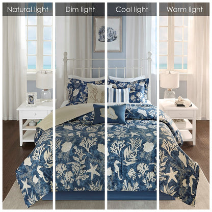 7 Piece Cotton Sateen Comforter Set Blue Cal King with coral reef print on Tampa Home & Garden Store