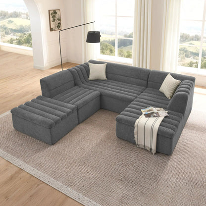 U-Shaped modular sectional sofa with chaise and movable ottoman, wave armrests, 2-piece set on Tampa Home & Garden Store