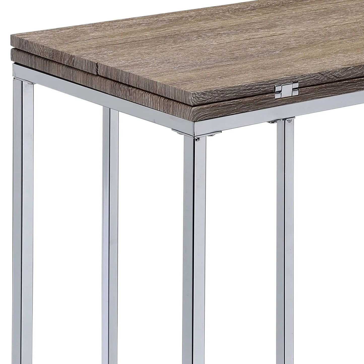 Danson weathered oak accent table with chrome metal frame on Tampa Home & Garden Store