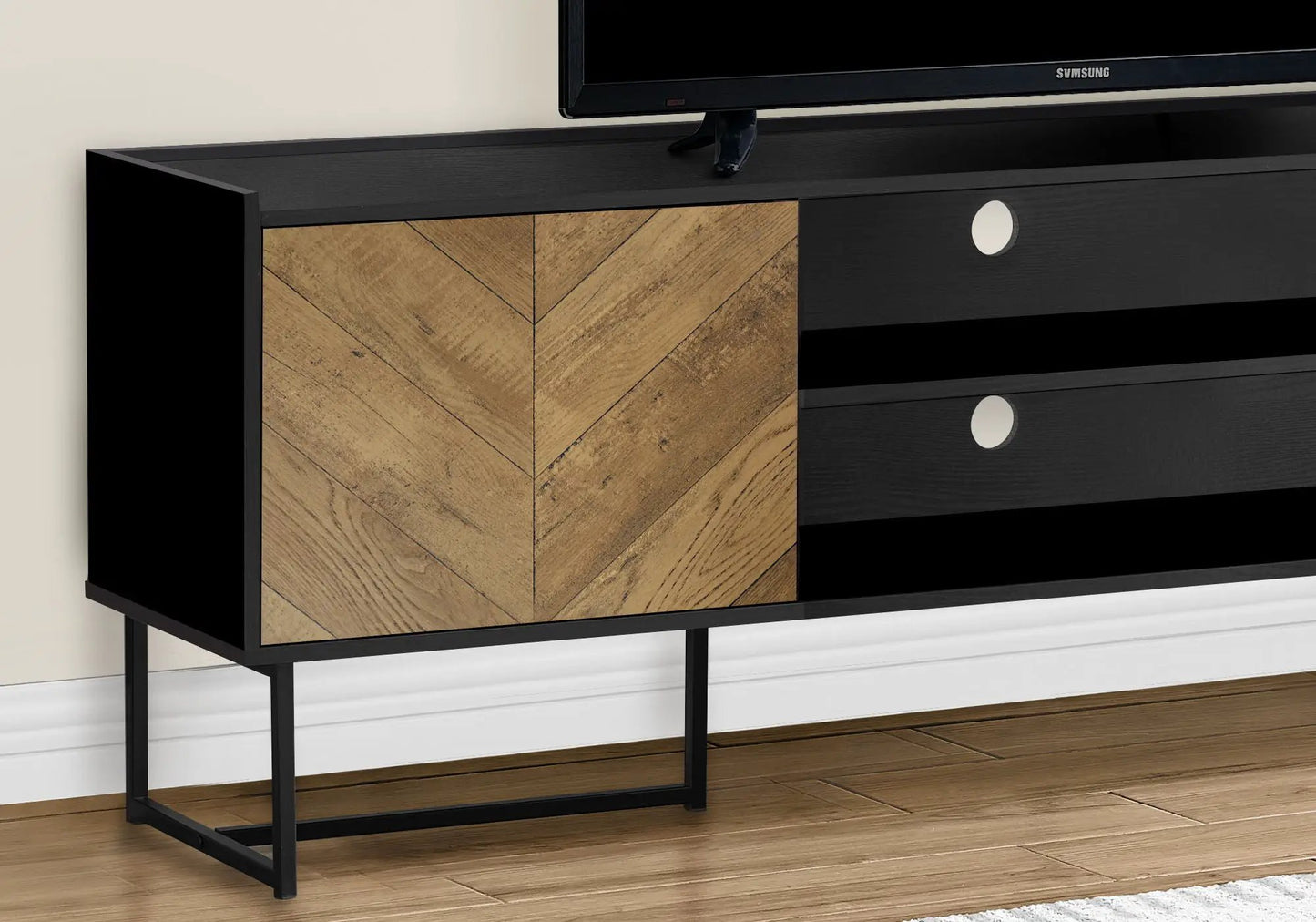 TV stand console in black with chevron wood doors and metal frame, modern storage cabinet on Tampa Home & Garden Store